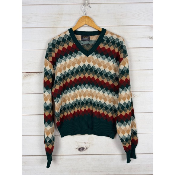 Campus Other - Vintage Orlon Sweater Mens XL Green Burgundy Argyle V-Neck USA Made